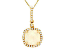 1.54CT DIAMOND & AAA OPAL 14K YELLOW GOLD 3D CUSHION & ROUND HALO SQUARE PENDANT