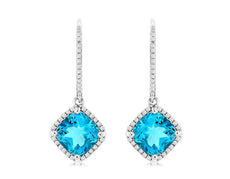 3.61CT DIAMOND & AAA BLUE TOPAZ 14K WHITE GOLD CUSHION & ROUND HANGING EARRINGS