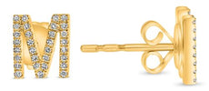 ESTATE .14CT DIAMOND 14KT YELLOW GOLD ROUND CLASSIC M INITIAL STUD FUN EARRINGS