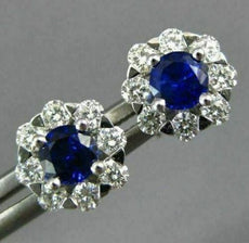 ESTATE 1.35CT DIAMOND & AAA SAPPHIRE 18KT WHITE GOLD 3D CLASSIC FLOWER EARRINGS