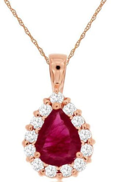 1.42CT DIAMOND & RUBY 14KT ROSE GOLD 3D PEAR SHAPE & ROUND CLASSIC HALO PENDANT