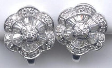 1.50CT DIAMOND 14KT WHITE GOLD ROUND & BAGUETTE FLOWER CLIP ON HANGING EARRINGS