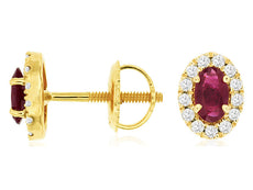 .62CT DIAMOND & AAA RUBY 14K YELLOW GOLD 3D OVAL & ROUND HALO SCREWBACK EARRINGS