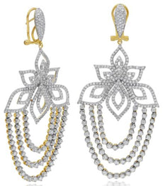 LARGE 3.65CT DIAMOND 14KT YELLOW GOLD MULTI ROW FLOWER CLIP ON HANGING EARRINGS