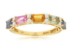 1.93CT DIAMOND & AAA MULTI GEM 14K YELLOW GOLD ROUND & BAGUETTE 5 STONE FUN RING