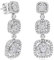 2.17CT DIAMOND 14KT WHITE GOLD MULTI FLOWER PAST PRESENT FUTURE HANGING EARRINGS