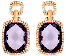 LARGE 13.04CT DIAMOND & AAA AMETHYST 14KT ROSE GOLD HALO SQUARE HANGING EARRINGS