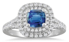 1.45CT DIAMOND & AAA SPAPHIRE 14KT WHITE GOLD 3D CUSHION & ROUND ENGAGEMENT RING