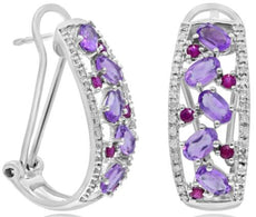 2.60CT DIAMOND & AAA RUBY & AMETHYST 14K WHITE GOLD 3D OVAL & ROUND FUN EARRINGS