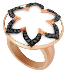 33.54CT BLACK DIAMOND & AAA WHITE AGATE 18KT ROSE GOLD OPEN FLOWER CIRCULAR RING