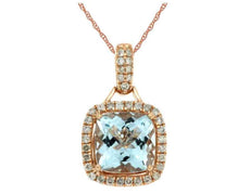 1.99CT DIAMOND & AAA AQUAMARINE 14KT ROSE GOLD 3D CUSHION & ROUND SQUARE PENDANT