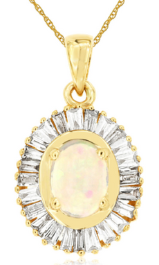 1.65CT DIAMOND & AAA OPAL 14KT YELLOW GOLD OVAL BAGUETTE FLOWER FLOATING PENDANT