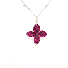 1.19CT DIAMOND & AAA RUBY 18KT WHITE GOLD 3D MULTI LEAF FLOWER FLOATING PENDANT