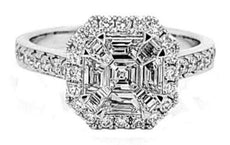 .95CT DIAMOND 18KT WHITE GOLD ROUND & BAGUETTE ILLUSION OCTAGON ENGAGEMENT RING