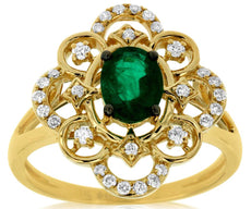 .92CT DIAMOND & AAA EMERALD 14K YELLOW GOLD OVAL & ROUND OPEN FILIGREE LOVE RING