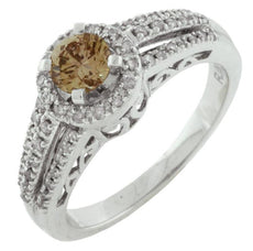 .75CT WHITE & MOCHA DIAMOND 14KT WHITE GOLD ROUND HALO FILIGREE ENGAGEMENT RING