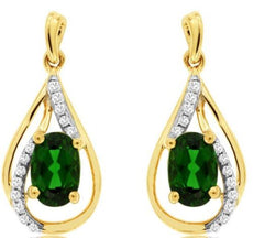 1CT DIAMOND & AAA RUSSALITE 14KT 2 TONE GOLD 3D OVAL TEAR DROP HANGING EARRINGS