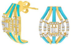 WIDE .76CT DIAMOND & GREEN ENAMEL 14KT YELLOW GOLD ROUND & BAGUETTE FUN EARRINGS