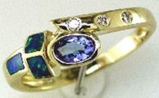 .27CT DIAMOND & AAA TANZANITE & AAA OPAL 14KT YELLOW GOLD ROUND & OVAL FUN RING