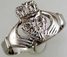 ESTATE .05CT DIAMOND 14KT WHITE GOLD 3D CLASSIC CLADDAGH IRISH HEART LOVE RING