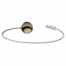 ESTATE .10CT DIAMOND & AAA TAHITIAN PEARL 18K WHITE GOLD 3 STONE BANGLE BRACELET