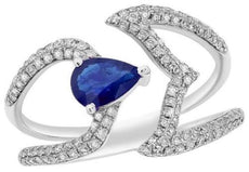 1.03CT DIAMOND & AAA SAPPHIRE 14KT WHITE GOLD 3D PEAR SHAPE & ROUND V SHAPE RING
