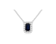 .48CT DIAMOND & AAA SAPPHIRE 14KT WHITE GOLD BAGUETTE & ROUND HALO LOVE NECKLACE