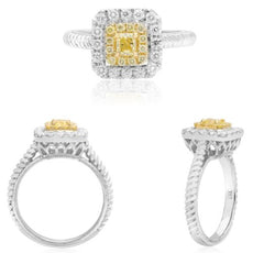 .67CT WHITE & FANCY YELLOW DIAMOND 18K TWO TONE GOLD ROUND & CUSHION SQUARE RING