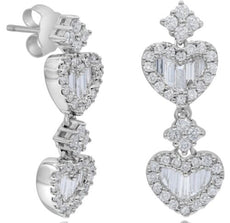 1.20CT DIAMOND 18KT WHITE GOLD ROUND & BAGUETTE DOUBLE HEART FLORAL FUN EARRINGS