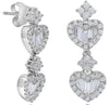 1.20CT DIAMOND 18KT WHITE GOLD ROUND & BAGUETTE DOUBLE HEART FLORAL FUN EARRINGS