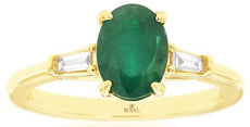 1.12CT DIAMOND & AAA EMERALD 14KT YELLOW GOLD 3D ROUND & BAGUETTE 3 STONE RING