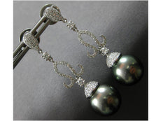 ESTATE LARGE 1.04CT DIAMOND & AAA TAHITIAN PEARL 18K WHITE GOLD 3D FUN HANGING EARRINGS