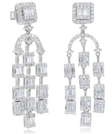EXTRA LARGE 1.94CT DIAMOND 18KT WHITE GOLD ROUND & BAGUETTE CHANDELIER EARRINGS