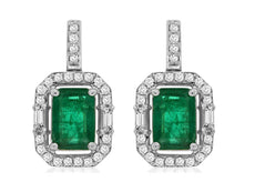2.41CT DIAMOND & AAA EMERALD 14K WHITE GOLD SQUARE OCTAGON HALO HANGING EARRINGS