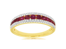 .84CT DIAMOND & AAA RUBY 14K YELLOW GOLD 3D ROUND 3 ROW CHANNEL ANNIVERSARY RING