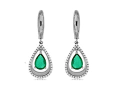 1.55CT DIAMOND & AAA EMERALD 14KT WHITE GOLD PEAR SHAPE & ROUND HANGING EARRINGS