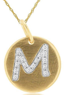 .08CT DIAMOND 14KT YELLOW GOLD LETTER M INITIAL MATTE & SHINY FLOATING PENDANT