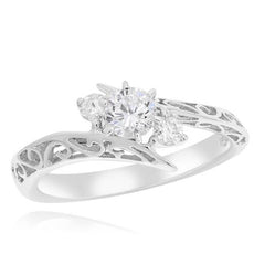 .55CT DIAMOND 14KT WHITE GOLD 3 STONE FILIGREE CRISS CROSS DIAGONAL LOVE RING
