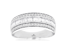 .75CT DIAMOND 14KT WHITE GOLD 3D ROUND & BAGUETTE 3 ROW WEDDING ANNIVERSARY RING