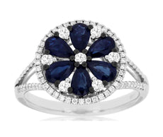 1.98CT DIAMOND & AAA SAPPHIRE 14KT WHITE GOLD PEAR SHAPE & ROUND FLOWER FUN RING