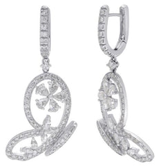 3.19CT DIAMOND 18KT WHITE GOLD 3D ROUND & PEAR SHAPE BUTTERFLY HANGING EARRINGS