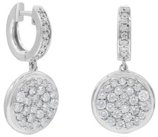 1.41CT DIAMOND 14KT WHITE GOLD CLUSTER PAVE CIRCULAR FUN HUGGIE HANGING EARRINGS