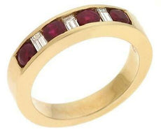 1.04CT DIAMOND & AAA RUBY 14KT YELLOW GOLD 3D ROUND & BAGUETTE 7 STONE LOVE RING