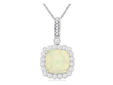 2.07CT DIAMOND & AAA OPAL 14K WHITE GOLD 3D CUSHION & ROUND SQUARE HALO PENDANT