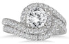 1.5CT DIAMOND 14KT WHITE GOLD 3D DOUBLE SWIRL ROUND ENGAGEMENT WEDDING RING SET