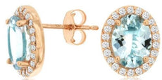 2.48CT DIAMOND & AAA AQUAMARINE 14KT ROSE GOLD 3D OVAL FLOWER HALO STUD EARRINGS