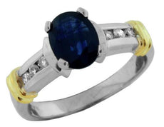 1.71CT DIAMOND & AAA SAPPHIRE 14KT 2 TONE GOLD 3D OVAL & ROUND ENGAGEMENT RING