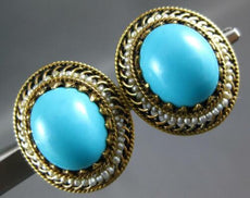 ANTIQUE LARGE AAA TURQUOISE & PEARL 14K YELLOW GOLD OVAL FILIGREE EARRINGS 27292