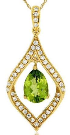 .92CT DIAMOND & AAA PERIDOT 14KT YELLOW GOLD PEAR SHAPE & ROUND FLOATING PENDANT