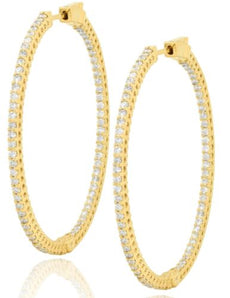 LARGE 1.5CT DIAMOND 18KT YELLOW GOLD 3D ROUND SHARED PRONG HOOP HANGING EARRINGS